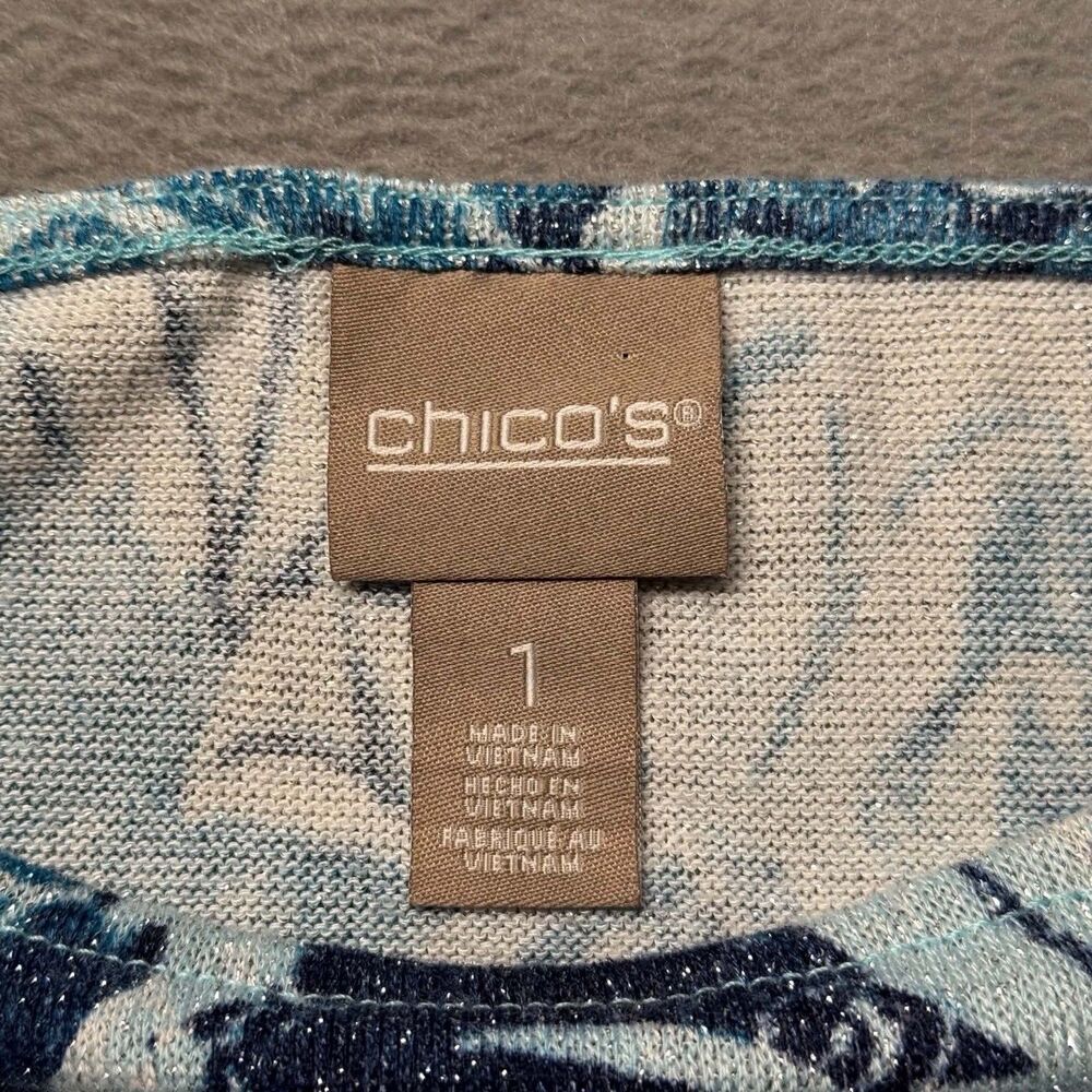 Chicos Womens 1 US M Floral Top Blue Metallic Stretch 3/4 Sleeve Knit Boho EUC - Picture 3 of 7